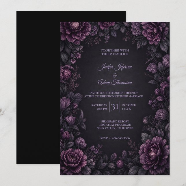 Invitación de boda de flores malhumoradas púrpura (Anverso / Reverso)