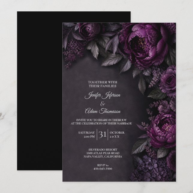 Invitación de boda de flores malhumoradas púrpura (Anverso / Reverso)