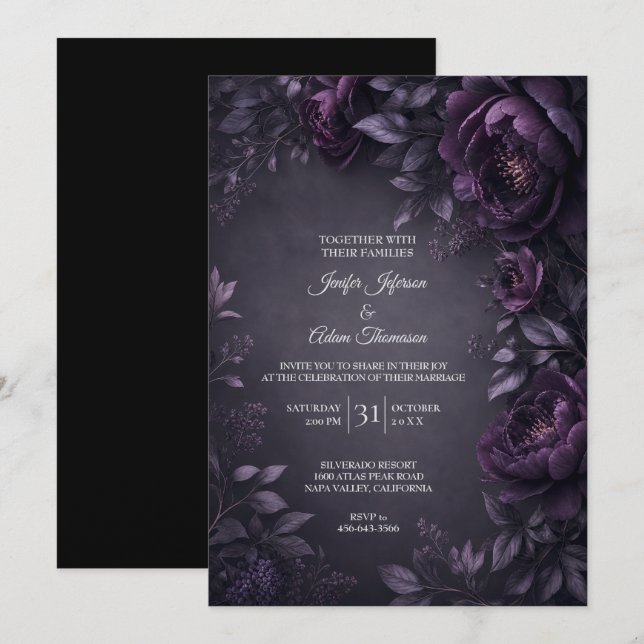 Invitación de boda de flores malhumoradas púrpura (Anverso / Reverso)