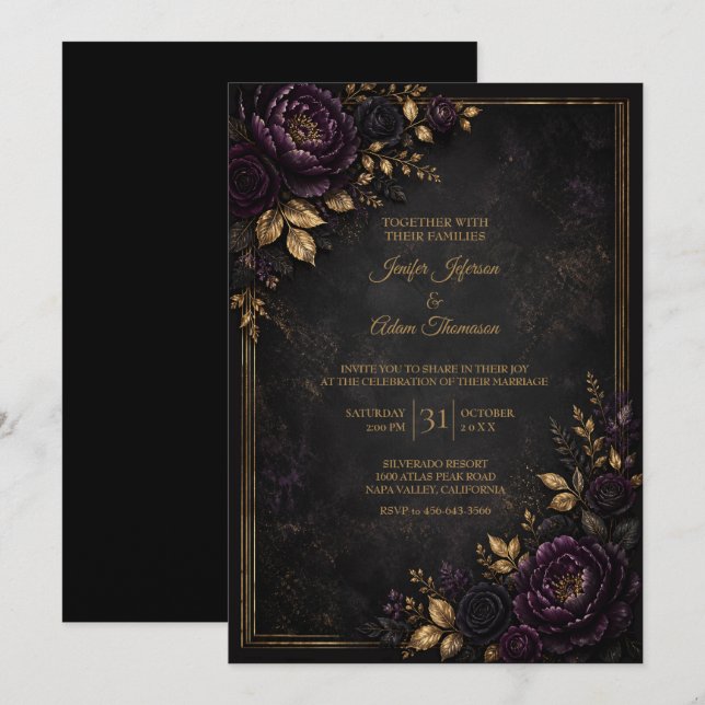 Invitación de boda de flores malhumoradas púrpura (Anverso / Reverso)