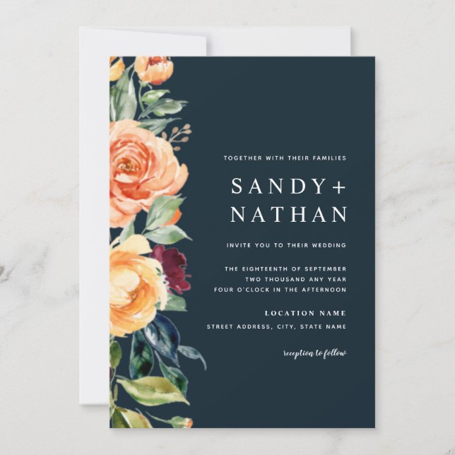 Invitación de boda de flores modernas de la marina (Anverso)