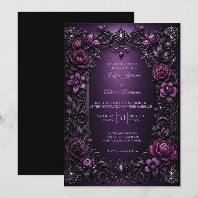 Invitación de boda de flores moradas y melancólica (Anverso / Reverso)