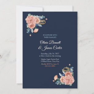 Invitación de boda de flores náuticas coral y azul