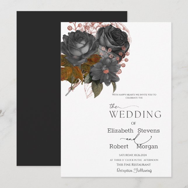 Invitación de Boda de Flores Negras Elegantes (Anverso / Reverso)