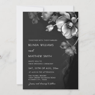 Invitación de boda de flores negras y blancas plat