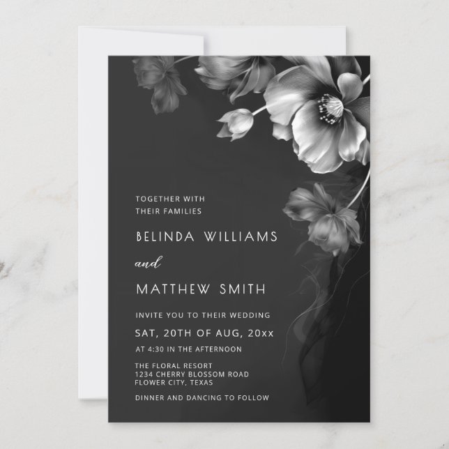 Invitación de boda de flores negras y blancas plat (Anverso)