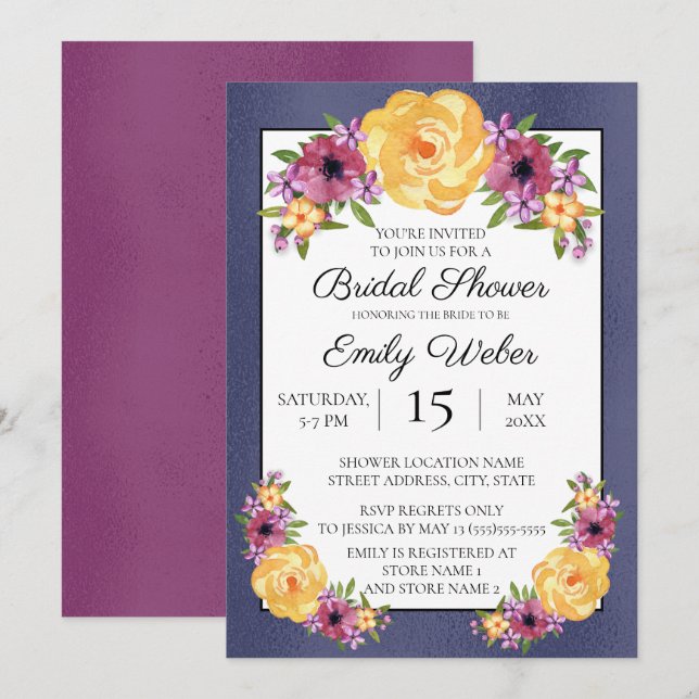 Invitación de boda de flores púrpura azul amarilla (Anverso / Reverso)
