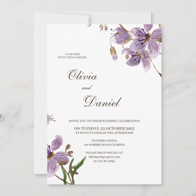 Invitación de boda de flores púrpuras rústicas mod (Anverso)
