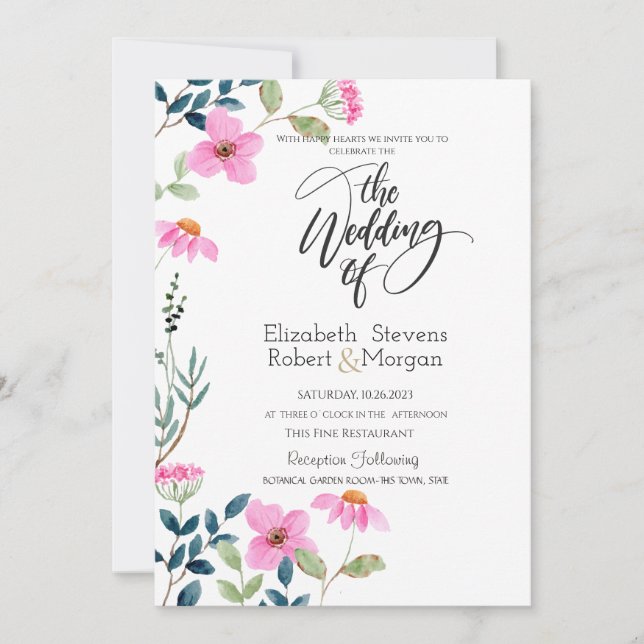 Invitación de boda de flores rosadas de jardín (Anverso)