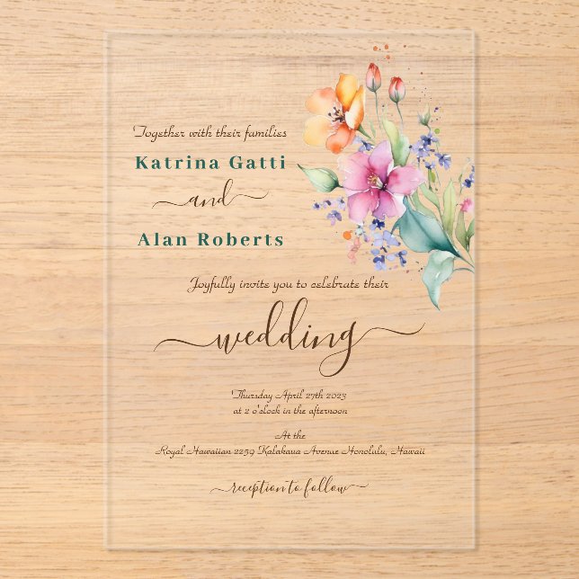 Invitación de Boda de Flores Rosadas, Melocotón y  (Anverso)