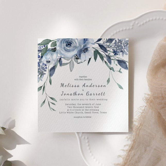 Invitación de boda de flores rosas azul polvorient (Subido por el creador)
