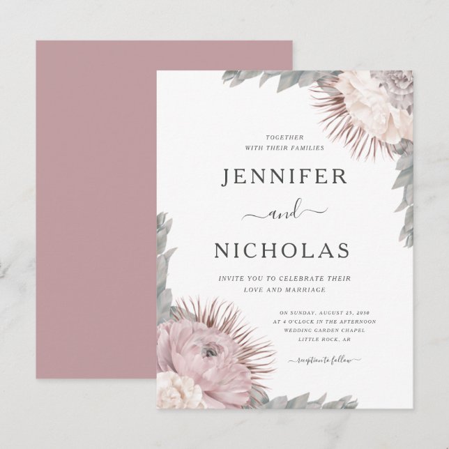 Invitación de boda de flores secas Boho Rosa Polvo (Anverso / Reverso)