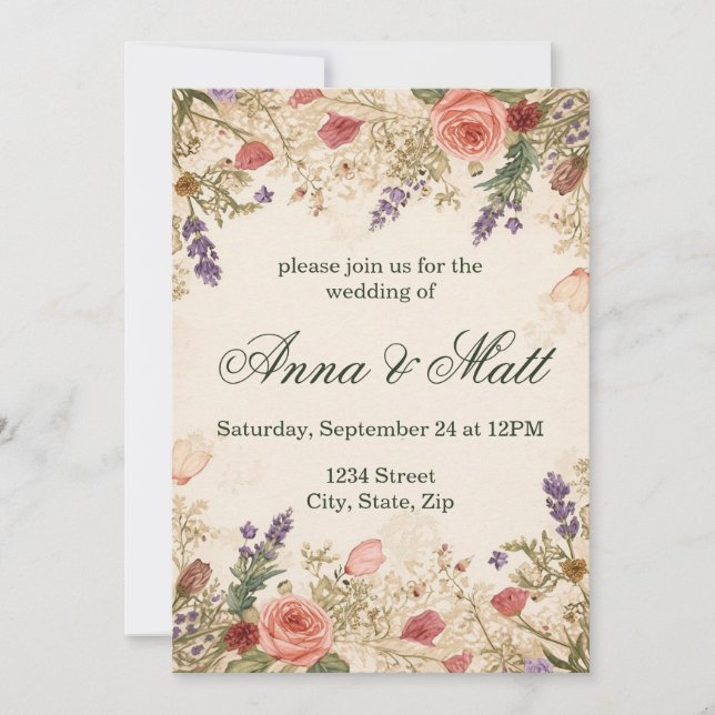 Invitación de boda de flores secas de encaje vinta (Anverso)
