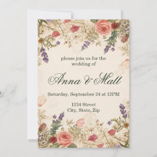 Invitación de boda de flores secas de encaje vinta