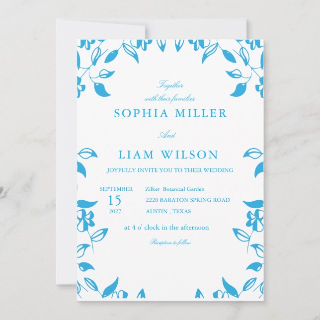 invitación de boda de flores silvestres azul clási (Anverso)