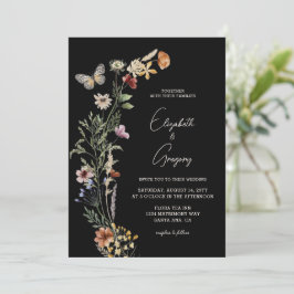 Invitación de boda de flores silvestres boho negra