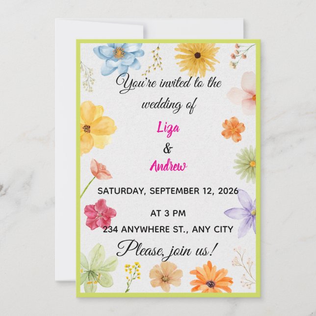 Invitación de boda de flores silvestres con acuare (Anverso)