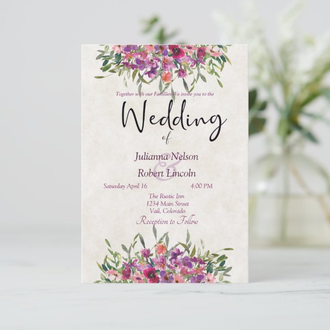 Invitación de boda de flores silvestres de acuarel (Anverso de pie)