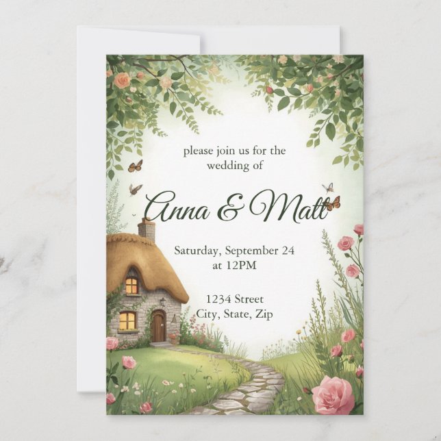 Invitación de boda de flores silvestres de cabaña  (Anverso)