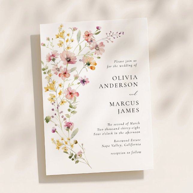 Invitación de boda de flores silvestres de prado b (Soft watercolor wildflower wedding invitation with elegant serif typography and airy floral layout)