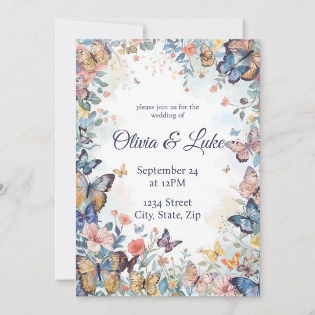 Invitación de boda de flores silvestres y mariposa (Anverso)