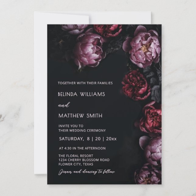 Invitación de boda de flores texturizadas oscuras  (Anverso)