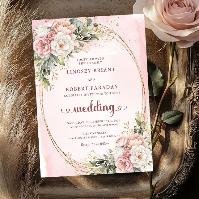 Invitación de boda de flores verdes con rubor de o (Elegant Rose Gold Blush Floral Greenery Wedding Invitation

)