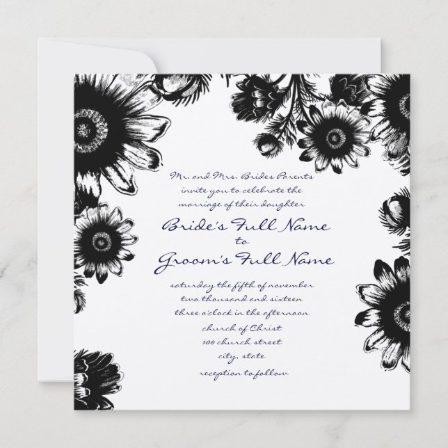 Invitación de boda de flores vintage negras (Anverso)