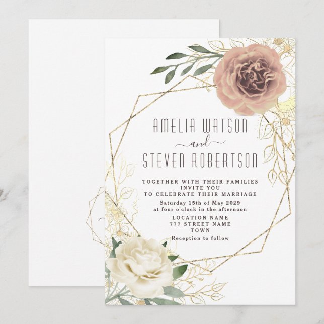 Invitación de boda de flores y follaje de rosa pol (Anverso / Reverso)