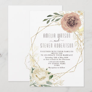Invitación de boda de flores y follaje de rosa pol