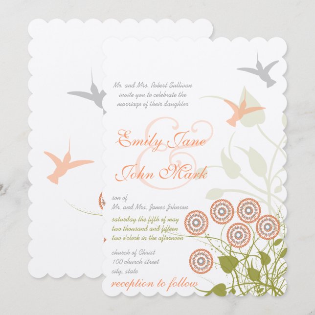 Invitación de boda de flores y pájaros caprichosos (Anverso / Reverso)