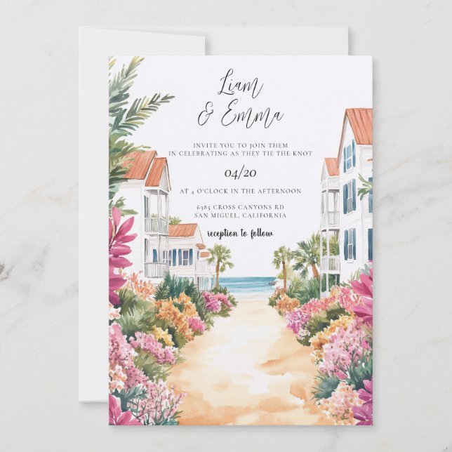 Invitación de boda de Florida acuarela  (Anverso)