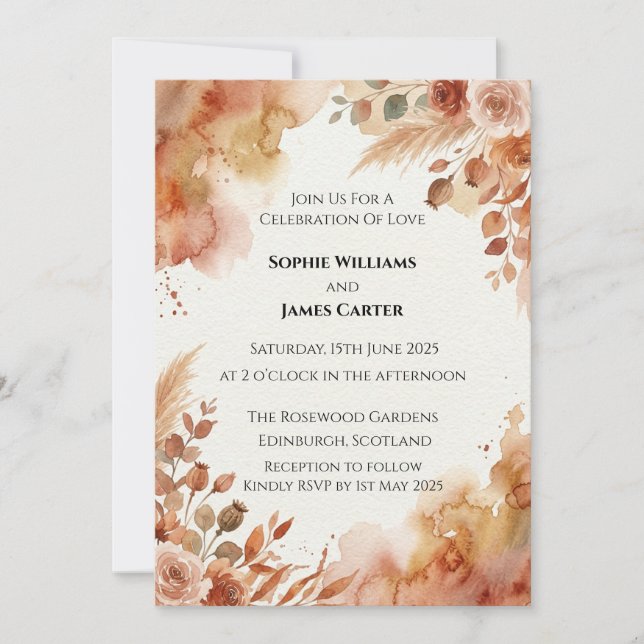 Invitación de boda de follaje botánico de otoño (Anverso)