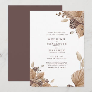Invitación de boda de follaje seco marrón y beige