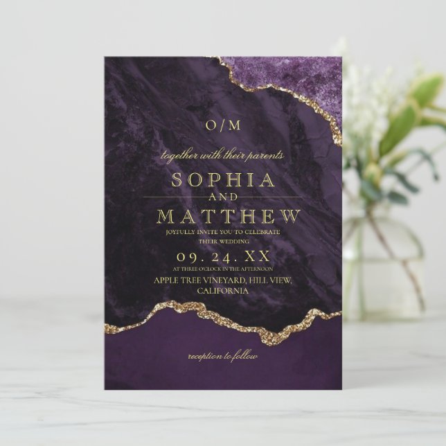 Invitación de boda de foto moderna de oro púrpura (Anverso de pie)