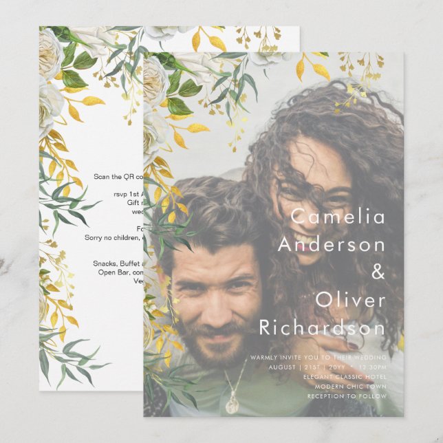 INVITACIÓN DE BODA DE FOTOGRAFÍA Greenery Gold Lea (Anverso / Reverso)