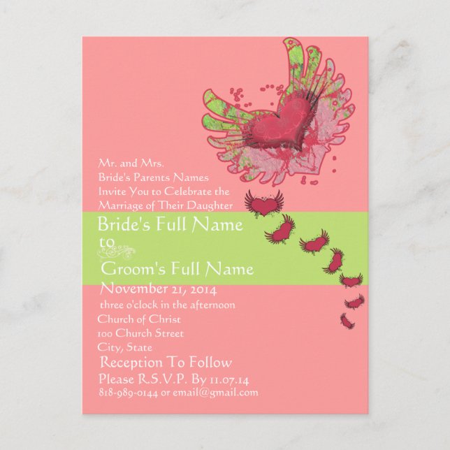 Invitación de boda de frambuesa y lima Corazón Dul (Anverso)