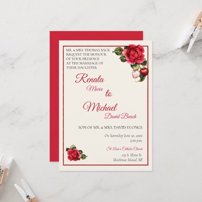 Invitación de boda de Fresas y Rosas Rojas (Anverso/Reverso In Situ)