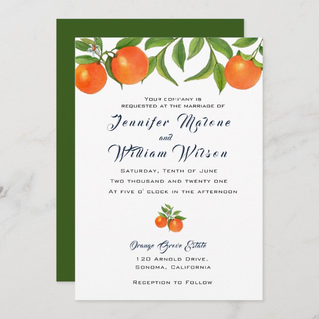 Invitación de boda de fruta de naranja acuarela (Anverso / Reverso)