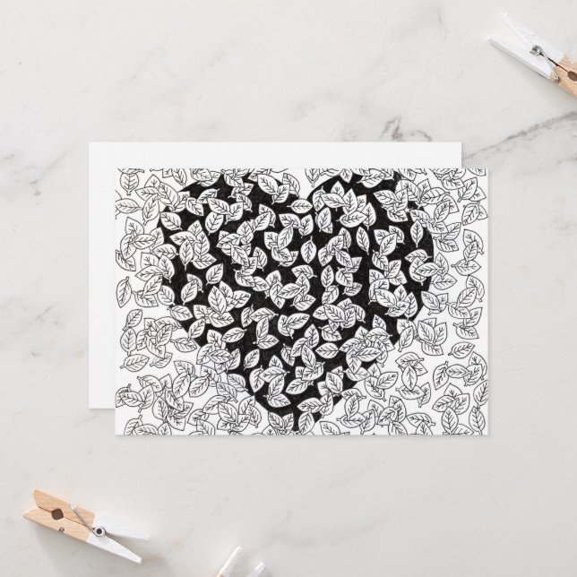 Invitación de boda de garabatos de hojas con coraz (Anverso/Reverso In Situ)