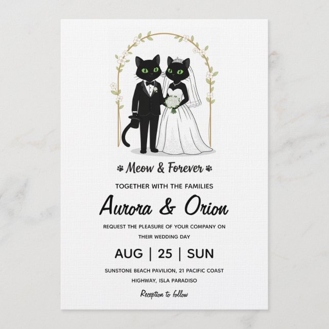 Invitación de boda de gato negro elegante (Anverso)