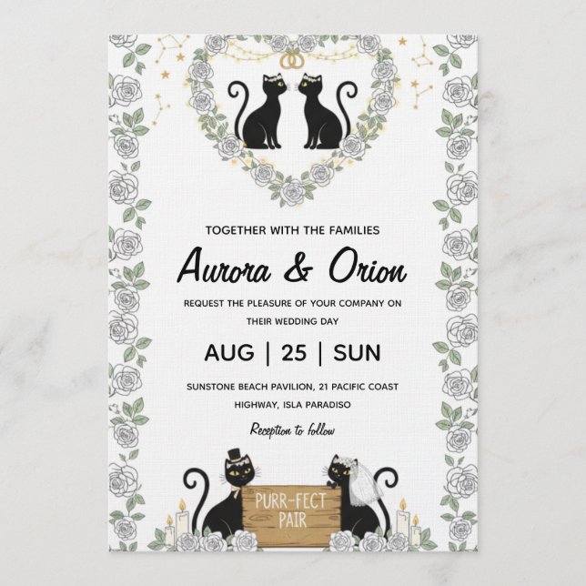 Invitación de boda de gato negro elegante (Anverso)