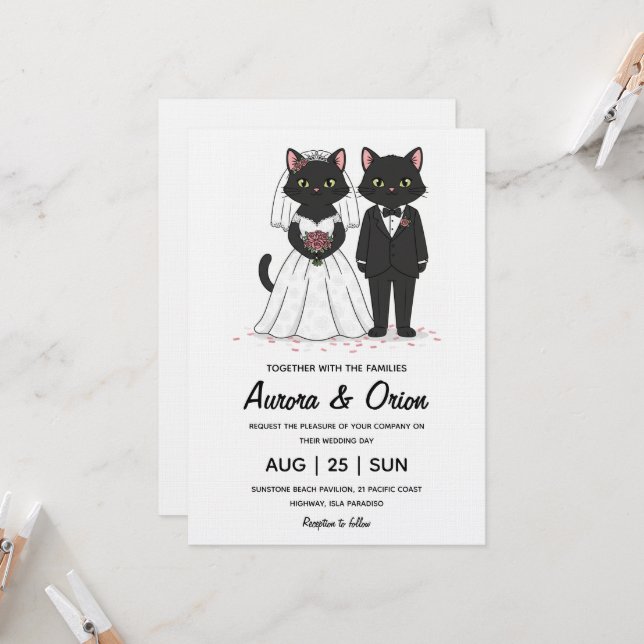 Invitación de boda de gato negro elegante (Anverso/Reverso In Situ)