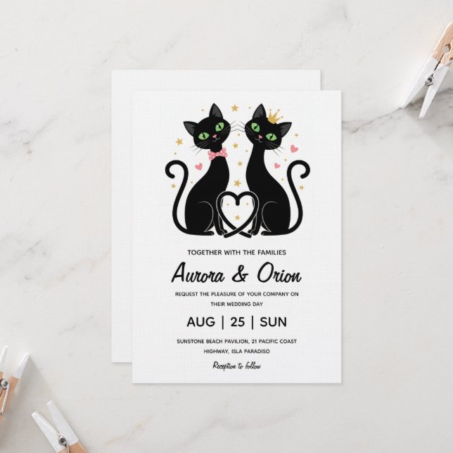 Invitación de boda de gato negro elegante (Anverso/Reverso In Situ)