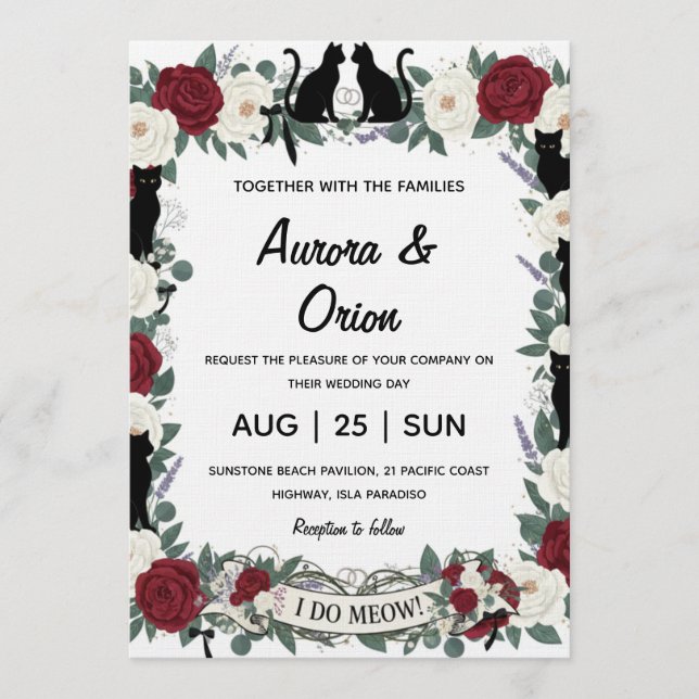 Invitación de boda de gato negro elegante (Anverso)