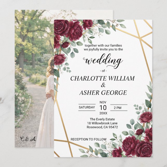Invitación de boda de geometría de oro y rosa roja (Anverso / Reverso)