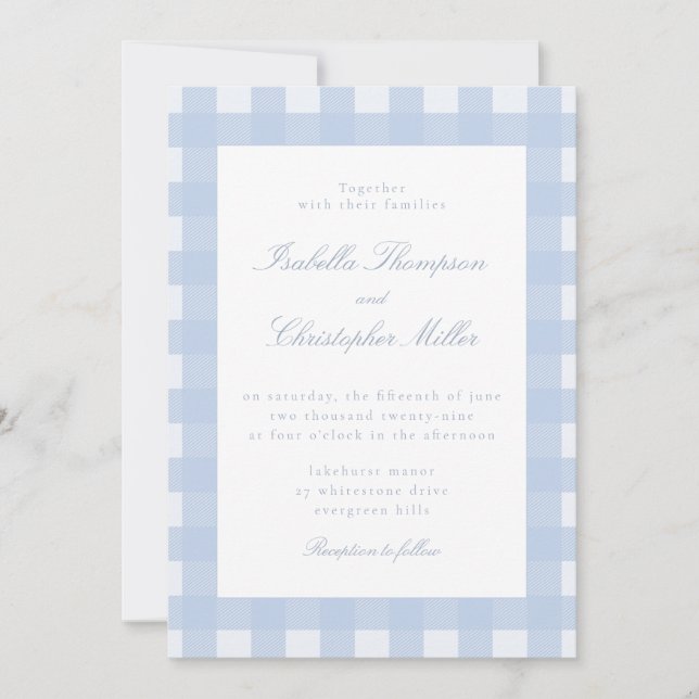 Invitación de boda de gingham azul (Anverso)