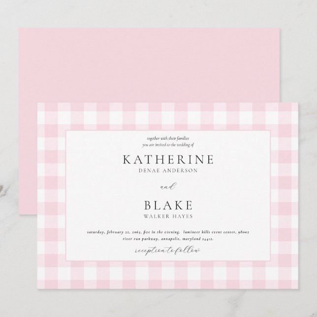 Invitación de boda de gingham rosa (Anverso / Reverso)