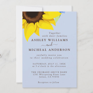 Invitación de boda de girasol azul con foto