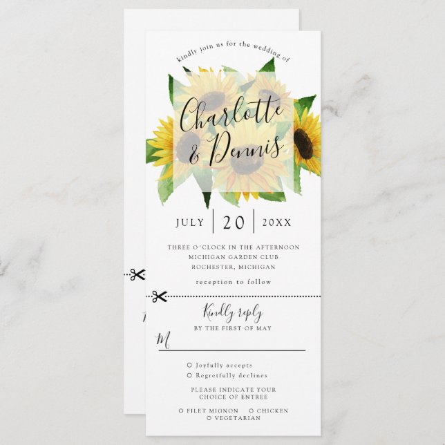 Invitación de boda de girasol con rsvp adjunto (Anverso / Reverso)